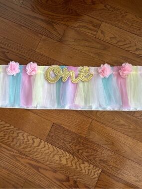 Pastel Rainbow 1st Birthday High Chair Sash with Gold “One” and Pink Flowers